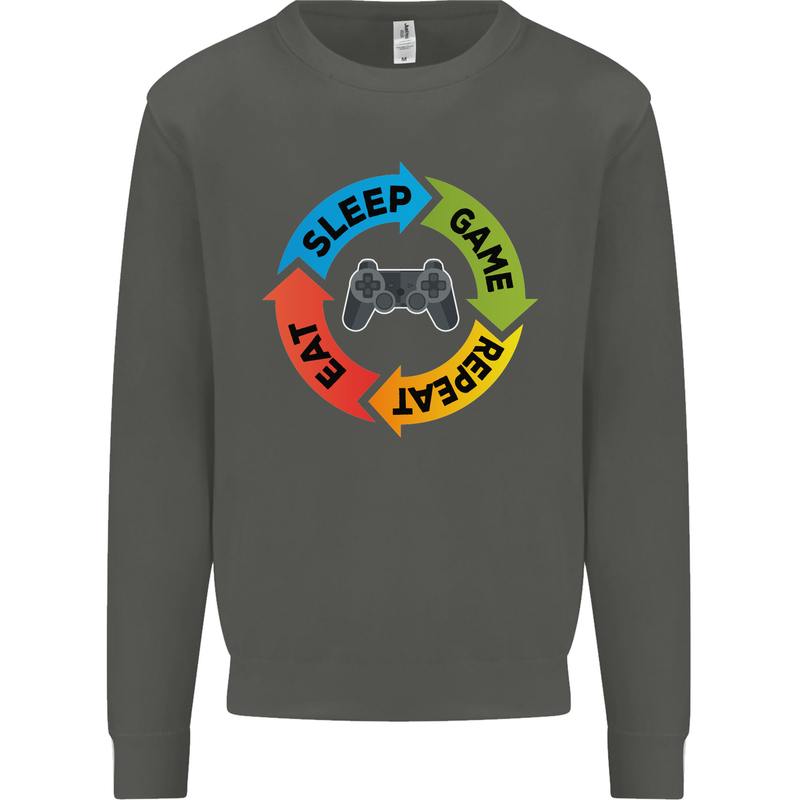 Gamming Eat Sleep Game Repeat Gamer Kids Sweatshirt Jumper Storm Grey