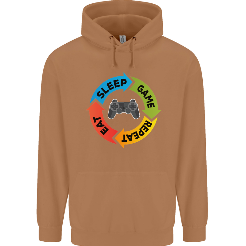 Gamming Eat Sleep Game Repeat Gamer Mens 80% Cotton Hoodie Caramel Latte