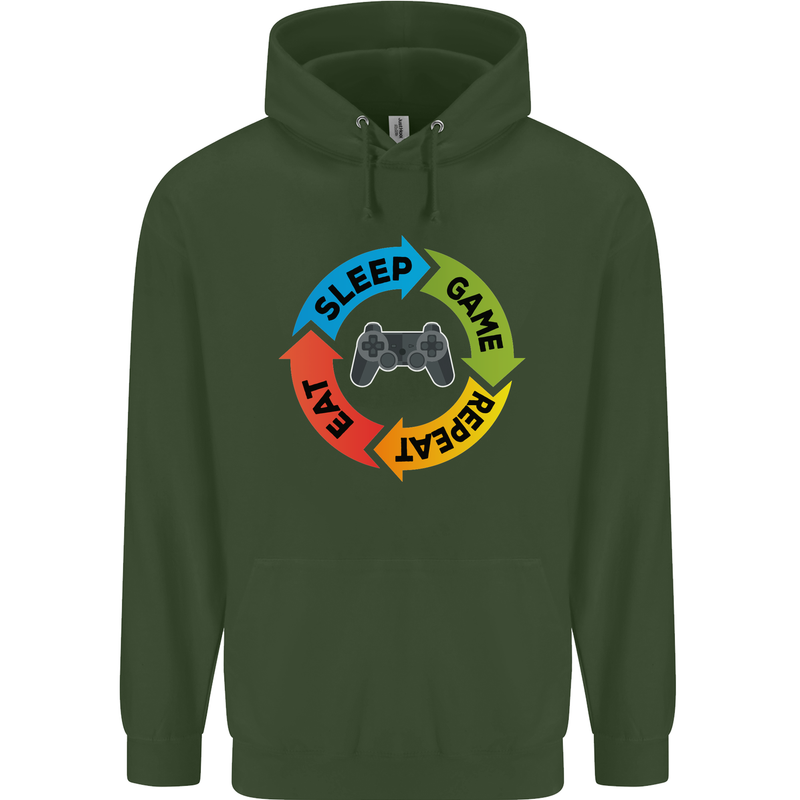Gamming Eat Sleep Game Repeat Gamer Mens 80% Cotton Hoodie Forest Green