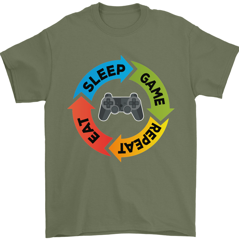 Gamming Eat Sleep Game Repeat Gamer Mens T-Shirt Cotton Gildan Military Green