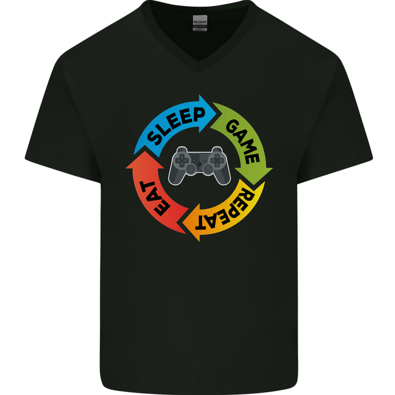 Gamming Eat Sleep Game Repeat Gamer Mens V-Neck Cotton T-Shirt Black