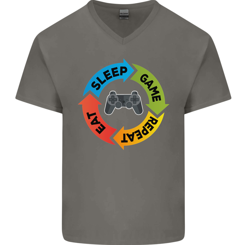 Gamming Eat Sleep Game Repeat Gamer Mens V-Neck Cotton T-Shirt Charcoal