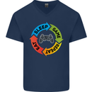 Gamming Eat Sleep Game Repeat Gamer Mens V-Neck Cotton T-Shirt Navy Blue