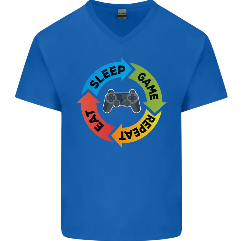 Gamming Eat Sleep Game Repeat Gamer Mens V-Neck Cotton T-Shirt Royal Blue