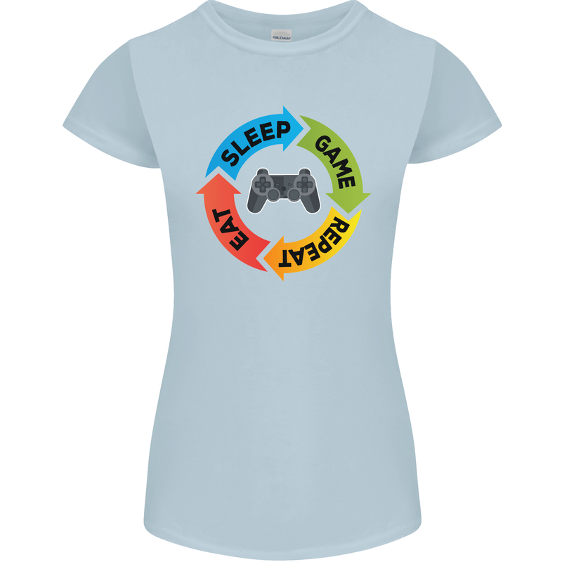 Gamming Eat Sleep Game Repeat Gamer Womens Petite Cut T-Shirt Light Blue