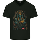 Ganesha Hindu God Ganapati Elephant Mens V-Neck Cotton T-Shirt Black
