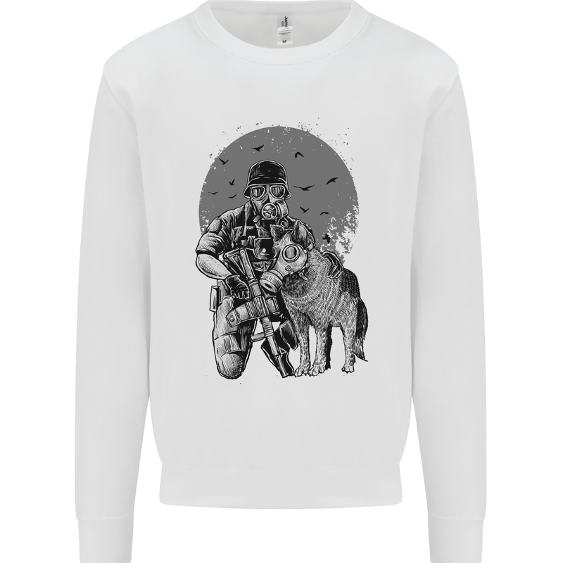 Gas Mask & Dog Apocalypse Armed Militia Kids Sweatshirt Jumper White