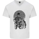 Gas Mask & Dog Apocalypse Armed Militia Mens V-Neck Cotton T-Shirt White