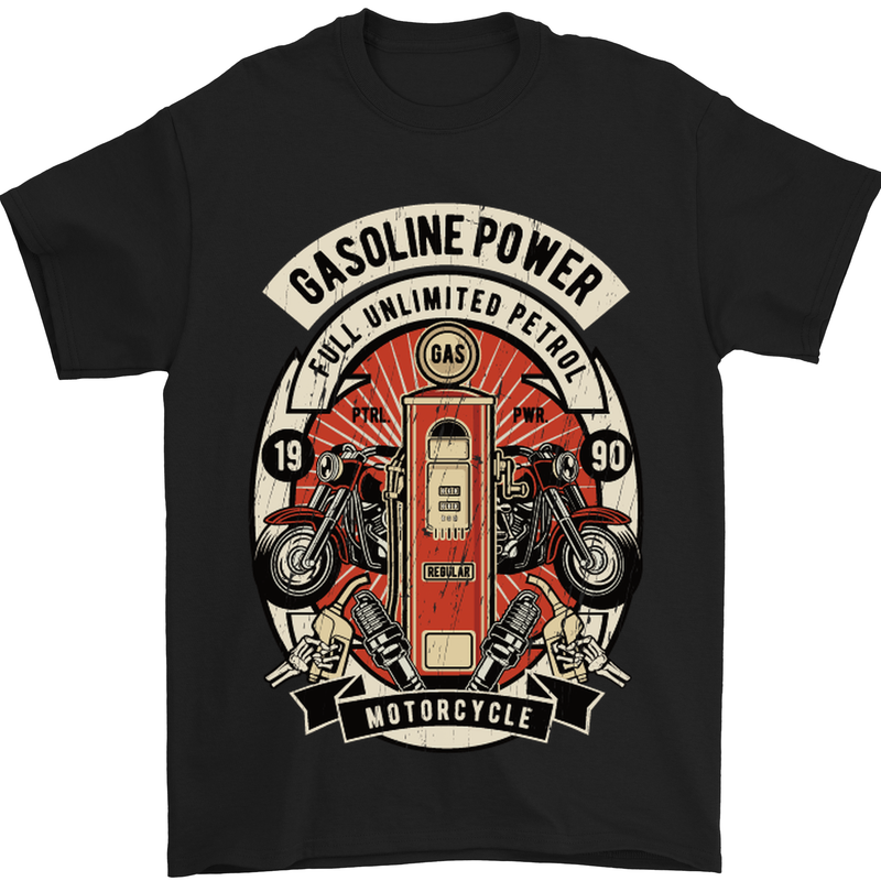 Gasoline Power Biker Motorcycle Motorbike Mens T-Shirt Cotton Gildan Black