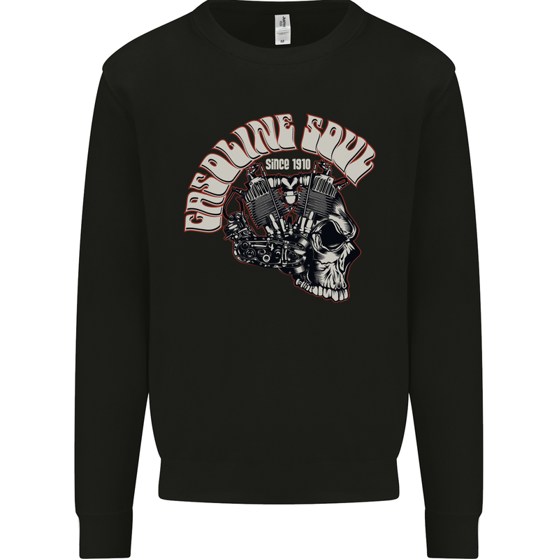 Gasoline Soul Biker Skull Motorbike Chopper Kids Sweatshirt Jumper Black