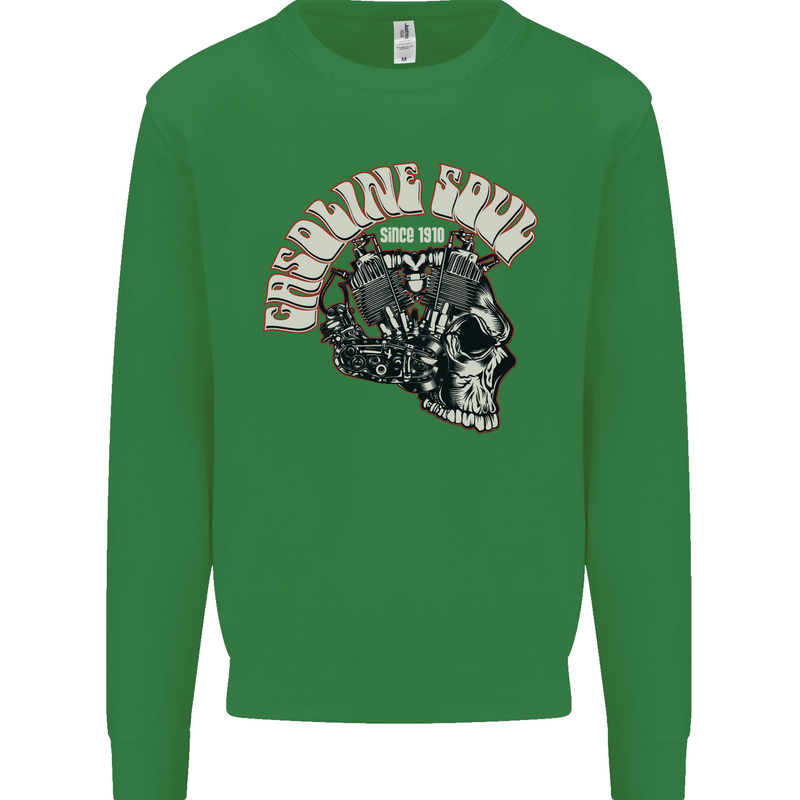 Gasoline Soul Biker Skull Motorbike Chopper Kids Sweatshirt Jumper Irish Green
