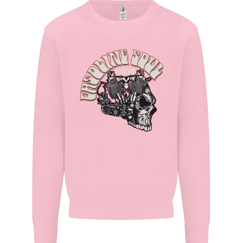 Gasoline Soul Biker Skull Motorbike Chopper Kids Sweatshirt Jumper Light Pink