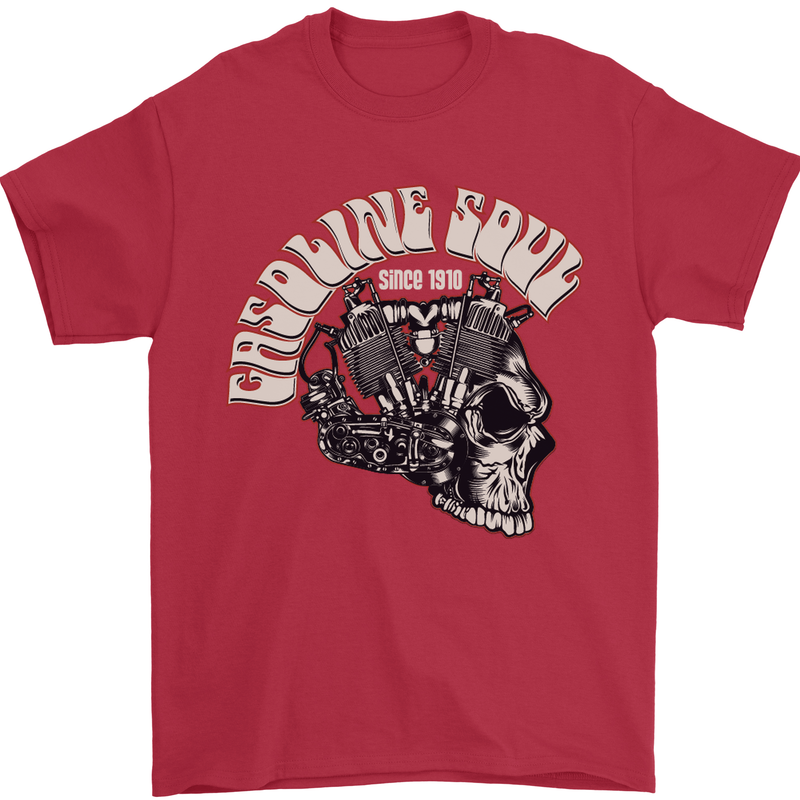 Gasoline Soul Biker Skull Motorbike Chopper Mens T-Shirt Cotton Gildan Red