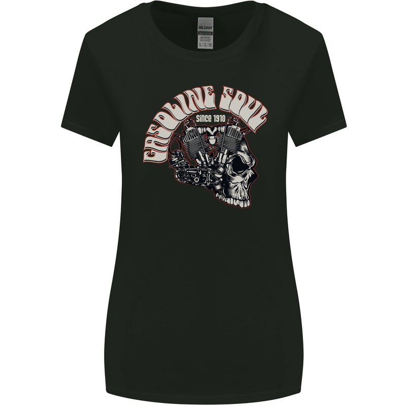 Gasoline Soul Biker Skull Motorbike Chopper Womens Wider Cut T-Shirt Black