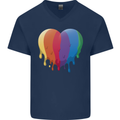 Gay Pride LGBT Heart Mens V-Neck Cotton T-Shirt Navy Blue