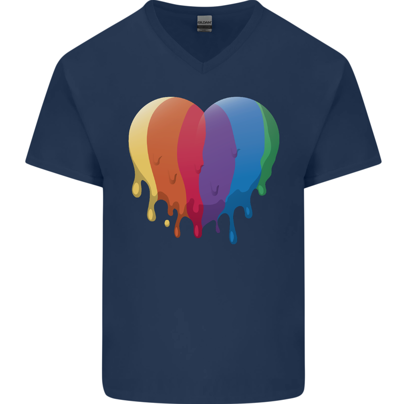 Gay Pride LGBT Heart Mens V-Neck Cotton T-Shirt Navy Blue