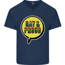 Gay and Proud LGBT Pride Awareness Mens V-Neck Cotton T-Shirt Navy Blue