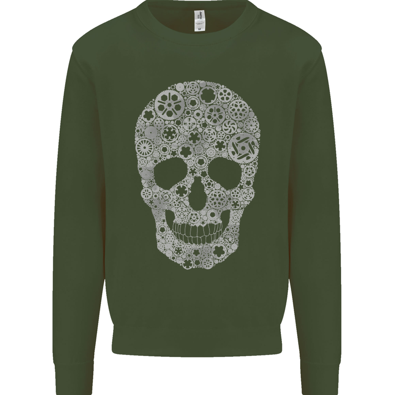Gear Skull Biker Motorcycle Motorbike Cars Kids Sweatshirt Jumper Forest Green