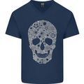 Gear Skull Biker Motorcycle Motorbike Cars Mens V-Neck Cotton T-Shirt Navy Blue