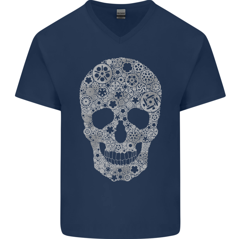 Gear Skull Biker Motorcycle Motorbike Cars Mens V-Neck Cotton T-Shirt Navy Blue
