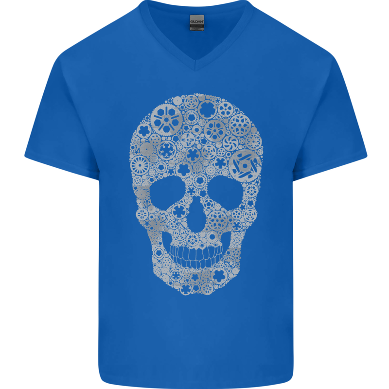 Gear Skull Biker Motorcycle Motorbike Cars Mens V-Neck Cotton T-Shirt Royal Blue