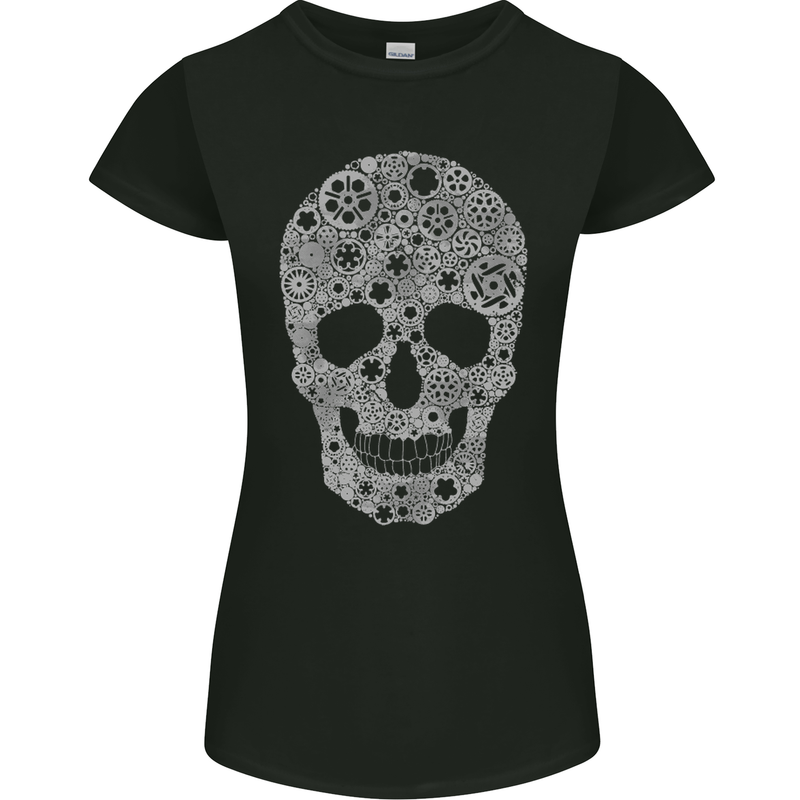 Gear Skull Biker Motorcycle Motorbike Cars Womens Petite Cut T-Shirt Black