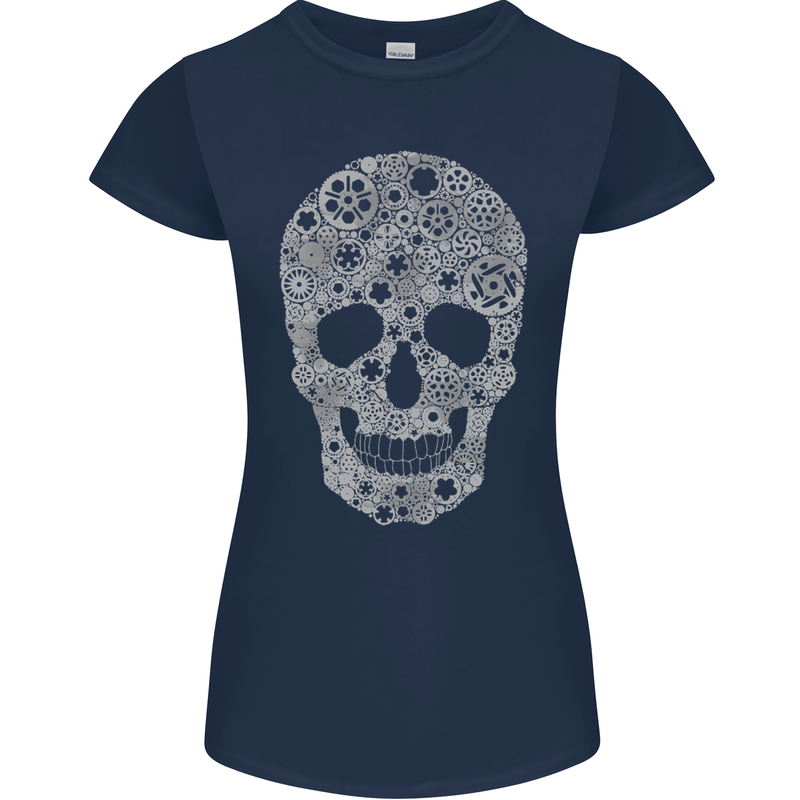 Gear Skull Biker Motorcycle Motorbike Cars Womens Petite Cut T-Shirt Navy Blue