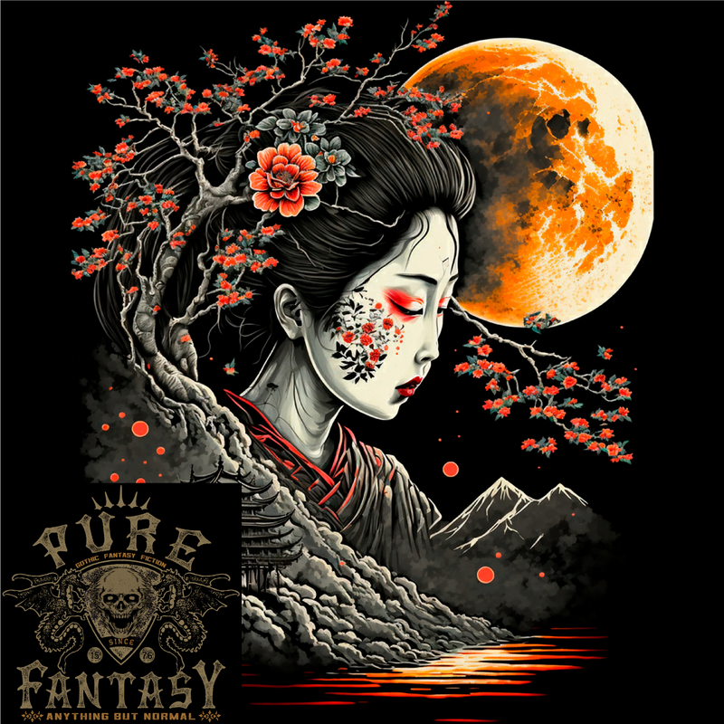 A Geisha Girl Cherry Blossom Moon Fantasy Mens Cotton T-Shirt Tee Top