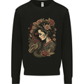 Geisha Girl With Dragon & Roses Fantasy Kids Sweatshirt Jumper Black