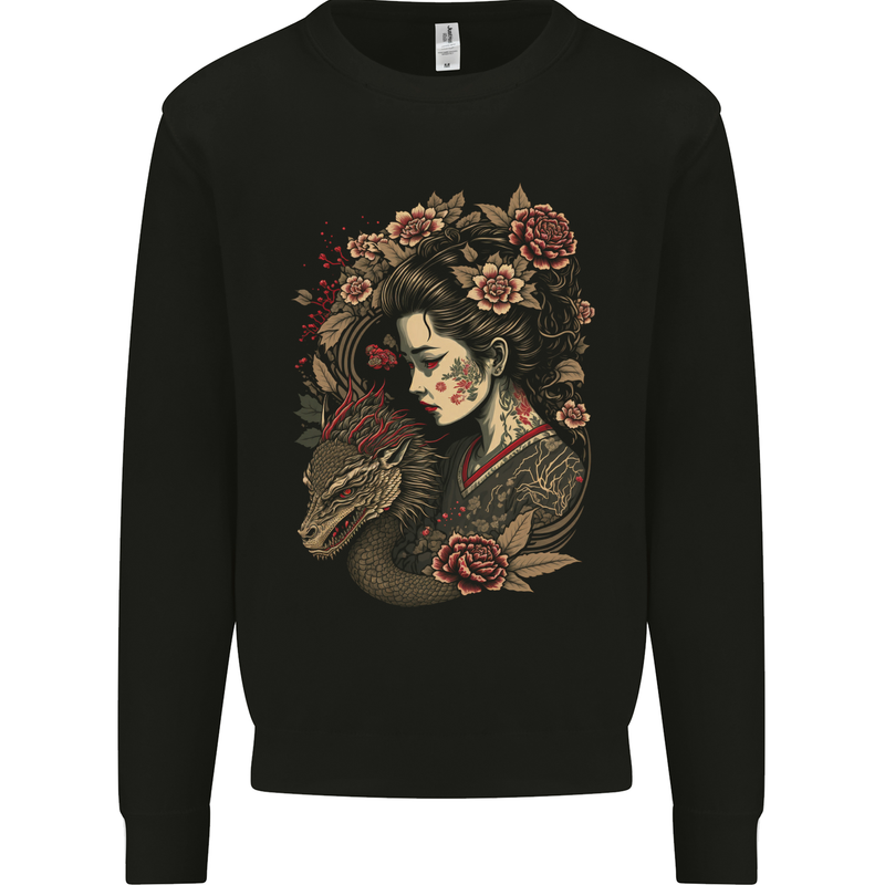 Geisha Girl With Dragon & Roses Fantasy Kids Sweatshirt Jumper Black