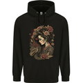 Geisha Girl With Dragon & Roses Fantasy Mens 80% Cotton Hoodie Black