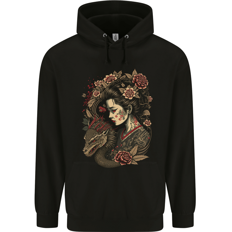 Geisha Girl With Dragon & Roses Fantasy Mens 80% Cotton Hoodie Black
