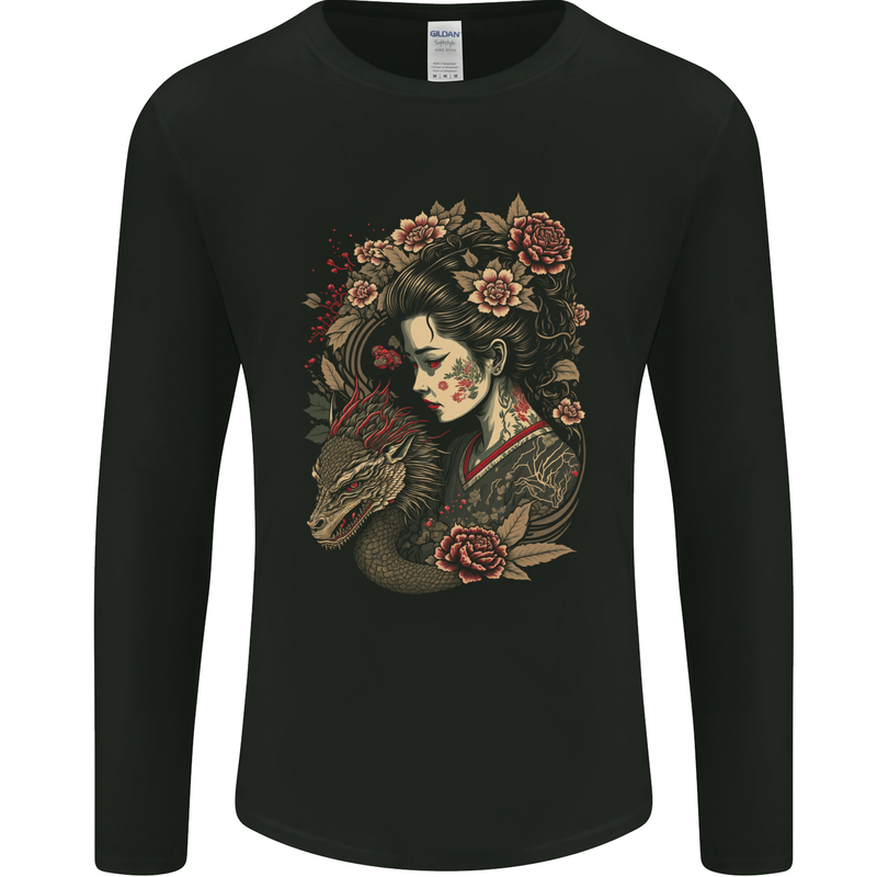 Geisha Girl With Dragon & Roses Fantasy Mens Long Sleeve T-Shirt Black