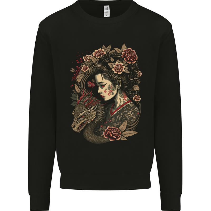 Geisha Girl With Dragon & Roses Fantasy Mens Sweatshirt Jumper Black