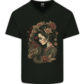 Geisha Girl With Dragon & Roses Fantasy Mens V-Neck Cotton T-Shirt Black