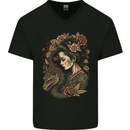 Geisha Girl With Dragon & Roses Fantasy Mens V-Neck Cotton T-Shirt Black