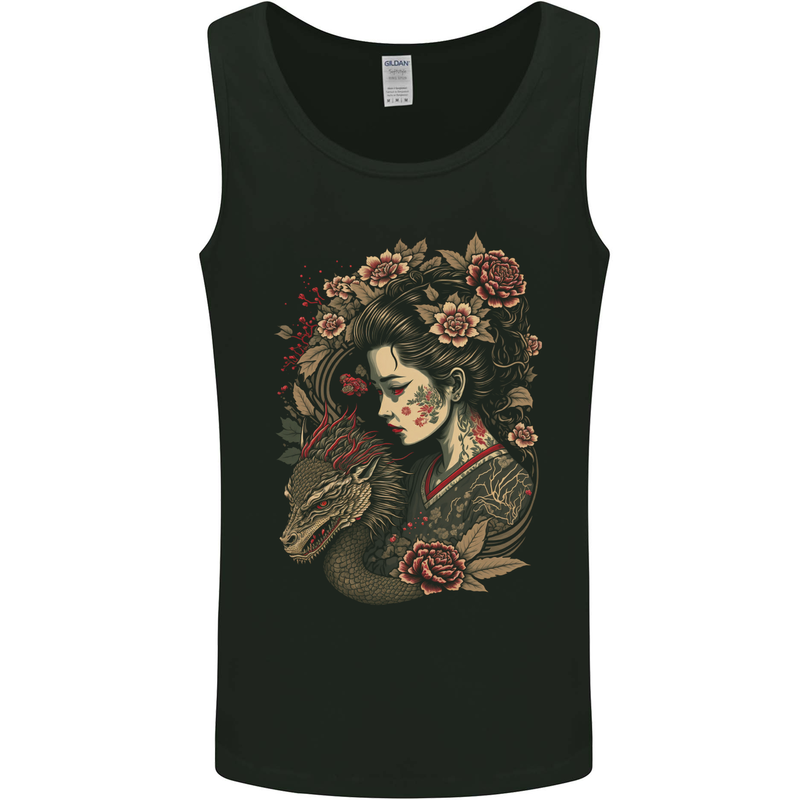Geisha Girl With Dragon & Roses Fantasy Mens Vest Tank Top Black