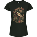 Geisha Girl With Dragon & Roses Fantasy Womens Petite Cut T-Shirt Black