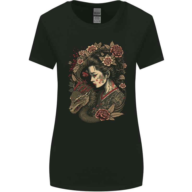 Geisha Girl With Dragon & Roses Fantasy Womens Wider Cut T-Shirt Black