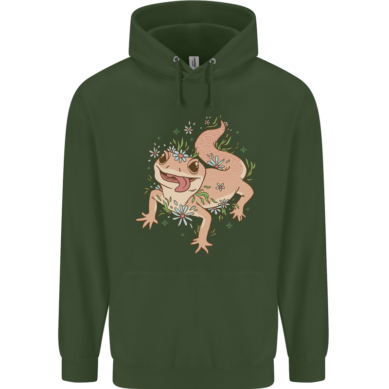 Gekko With Flowers Lizards Childrens Kids Hoodie Forest Green