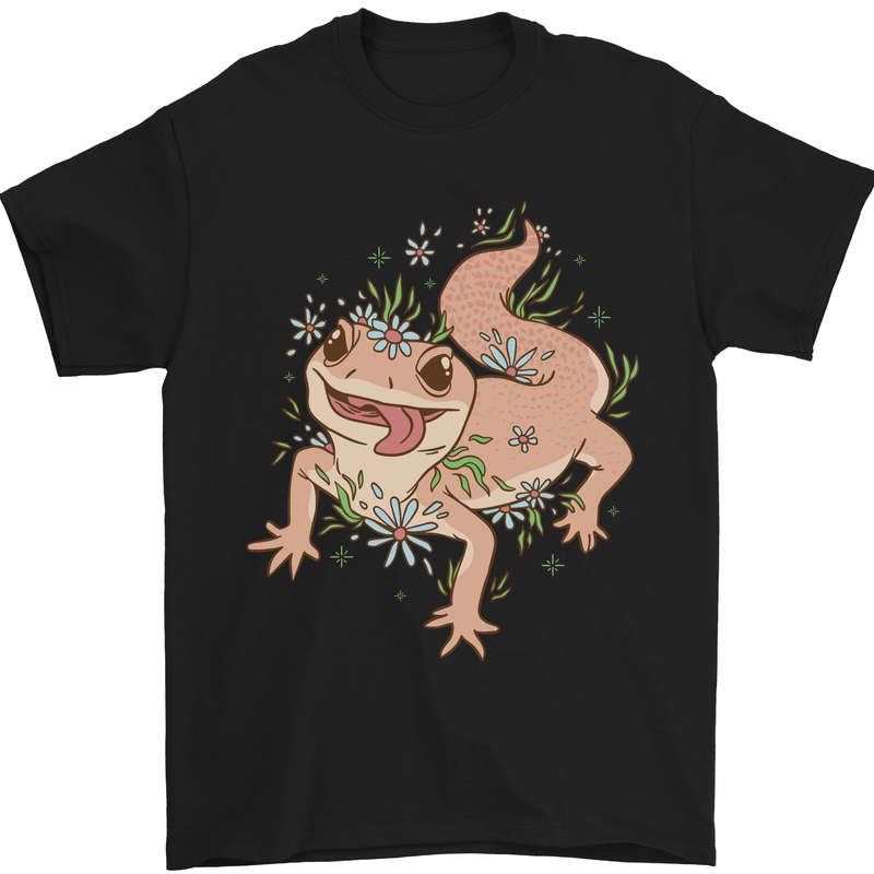 Gekko With Flowers Lizards Mens T-Shirt Cotton Gildan Black