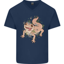 Gekko With Flowers Lizards Mens V-Neck Cotton T-Shirt Navy Blue