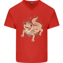 Gekko With Flowers Lizards Mens V-Neck Cotton T-Shirt Red