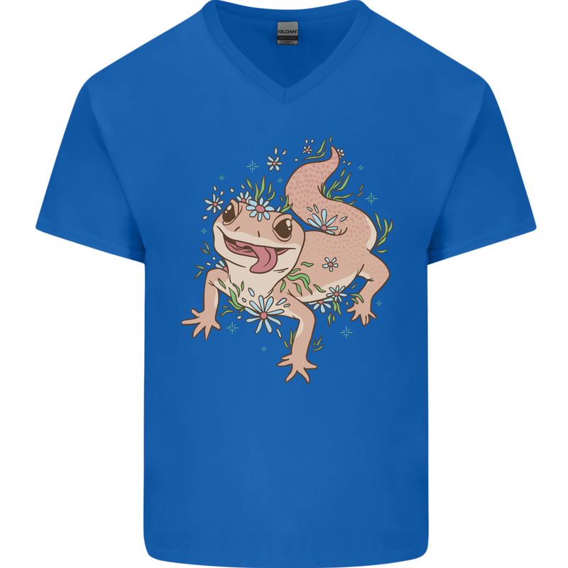 Gekko With Flowers Lizards Mens V-Neck Cotton T-Shirt Royal Blue
