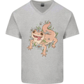 Gekko With Flowers Lizards Mens V-Neck Cotton T-Shirt Sports Grey