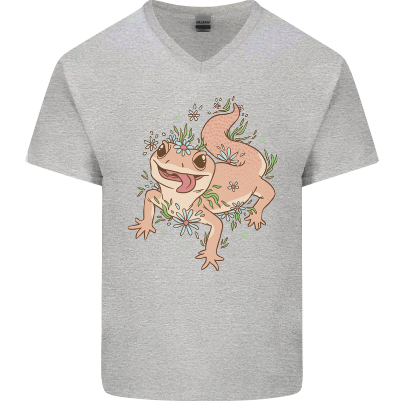 Gekko With Flowers Lizards Mens V-Neck Cotton T-Shirt Sports Grey