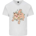 Gekko With Flowers Lizards Mens V-Neck Cotton T-Shirt White