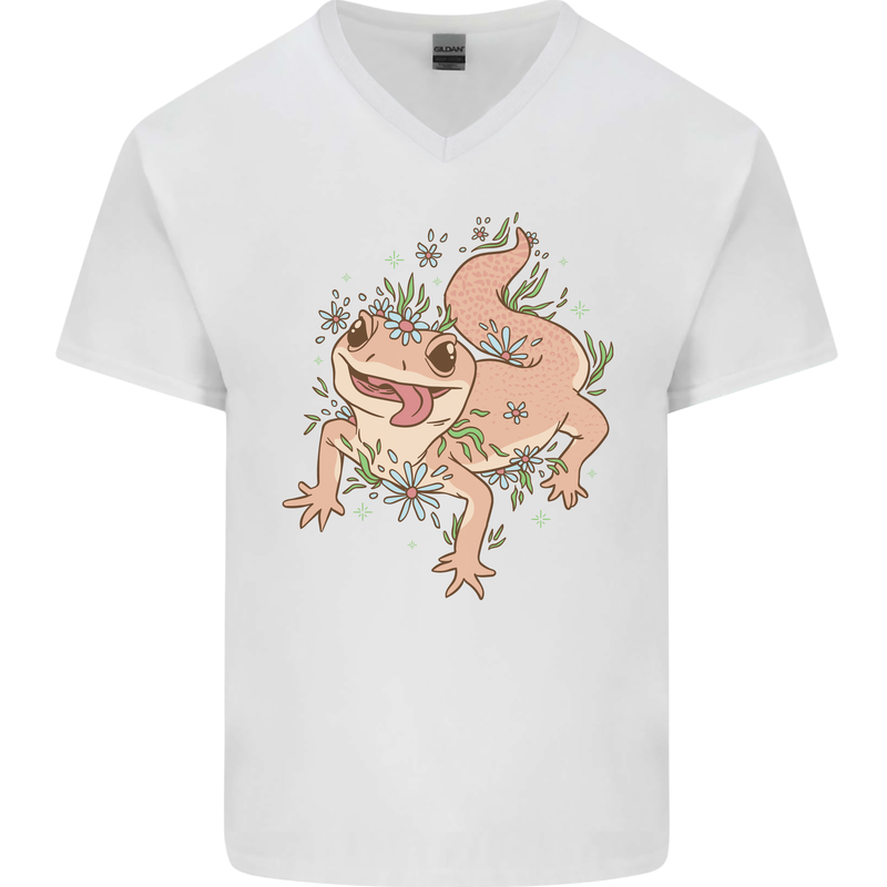 Gekko With Flowers Lizards Mens V-Neck Cotton T-Shirt White