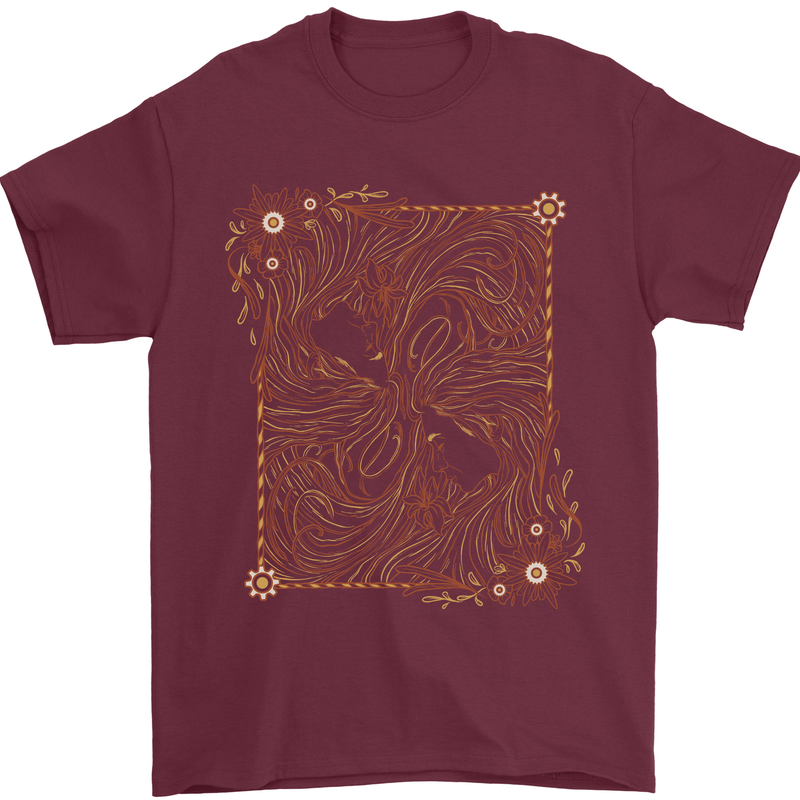 Gemini Faces Star Sign Astrological Zodiac Mens T-Shirt 100% Cotton Maroon