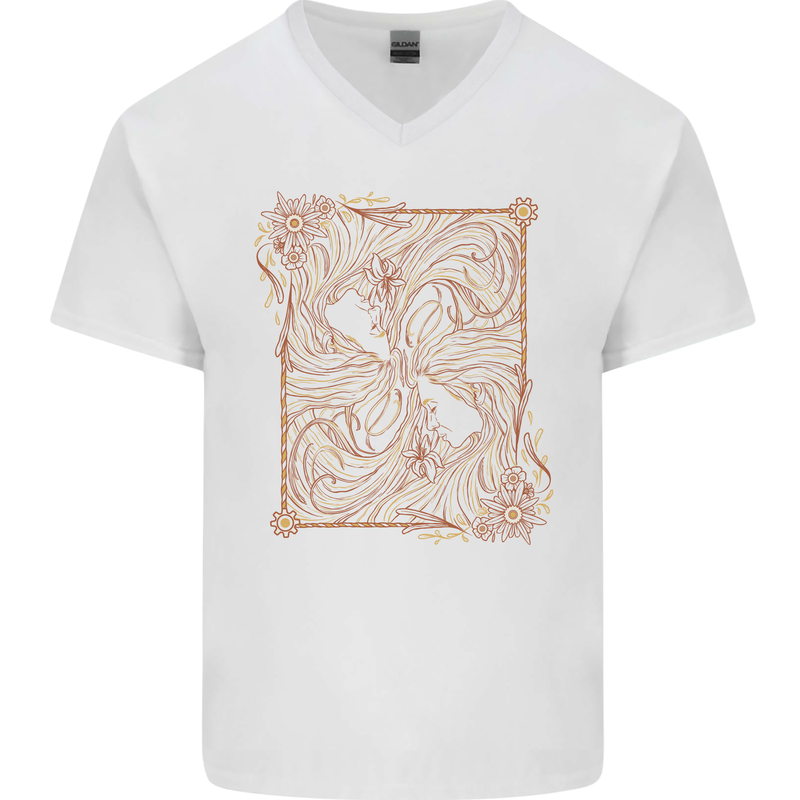 Gemini Faces Star Sign Astrological Zodiac Mens V-Neck Cotton T-Shirt White